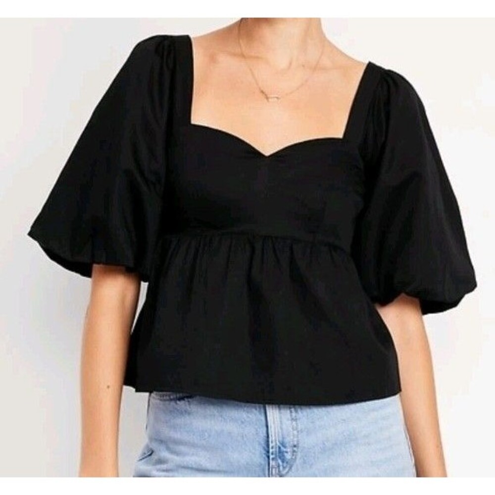 NWT Women's Old Navy Puff Sleeve Poplin Peplum Top Size L Black